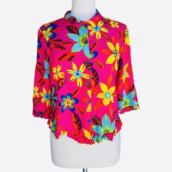 CACTUS FLOWER Women’s Size XL Pink Floral Vintage Ruching Hem Button Front Top - Picture 2 of 3